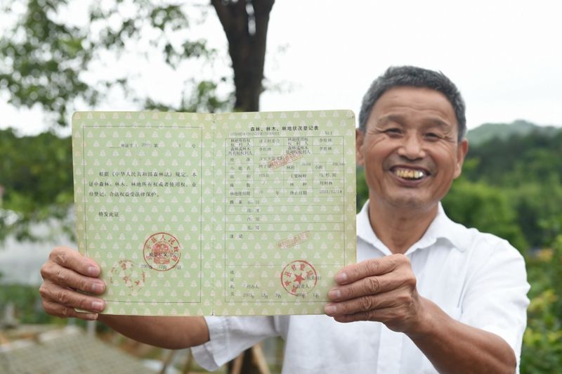 2017年6月13日，福建武平縣萬安鎮(zhèn)捷文村村民李桂林展示林權(quán)改革后領(lǐng)到的全國第一本新式林權(quán)證。