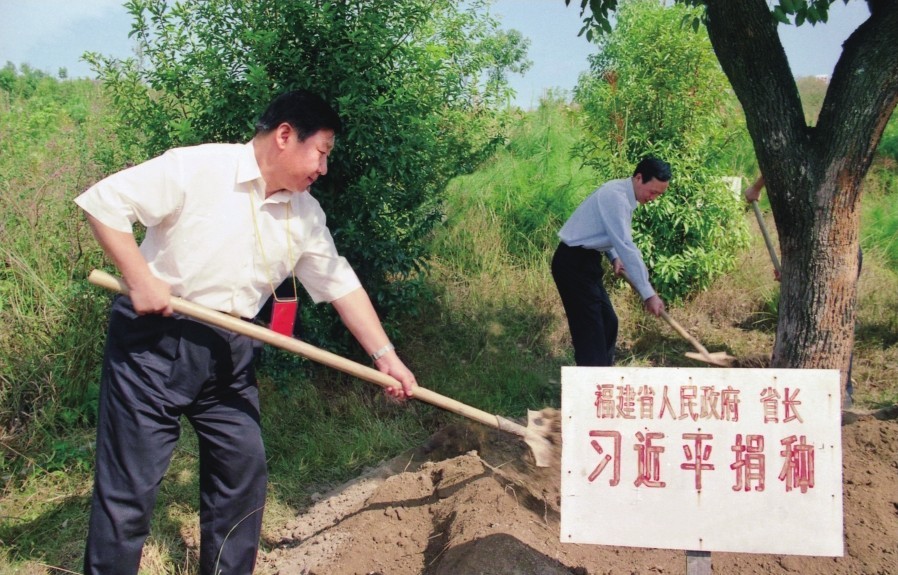 2001年10月，習(xí)近平在龍巖市長汀縣調(diào)研水土流失治理工作，在河田世紀(jì)生態(tài)園為樹培土。圖源：《習(xí)近平在福建（下）》