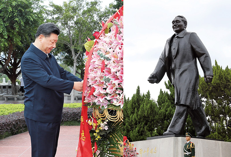 2020年10月14日，習(xí)近平總書記向深圳蓮花山公園鄧小平同志銅像敬獻(xiàn)花籃。